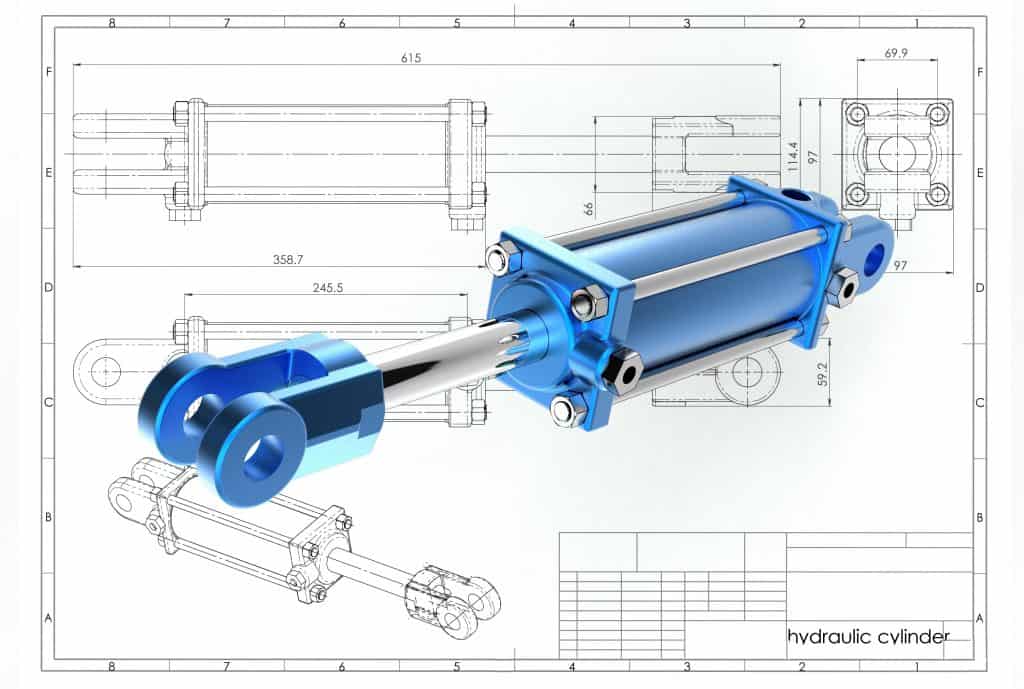 Technische Zeichnung eines Hydraulikzylinders